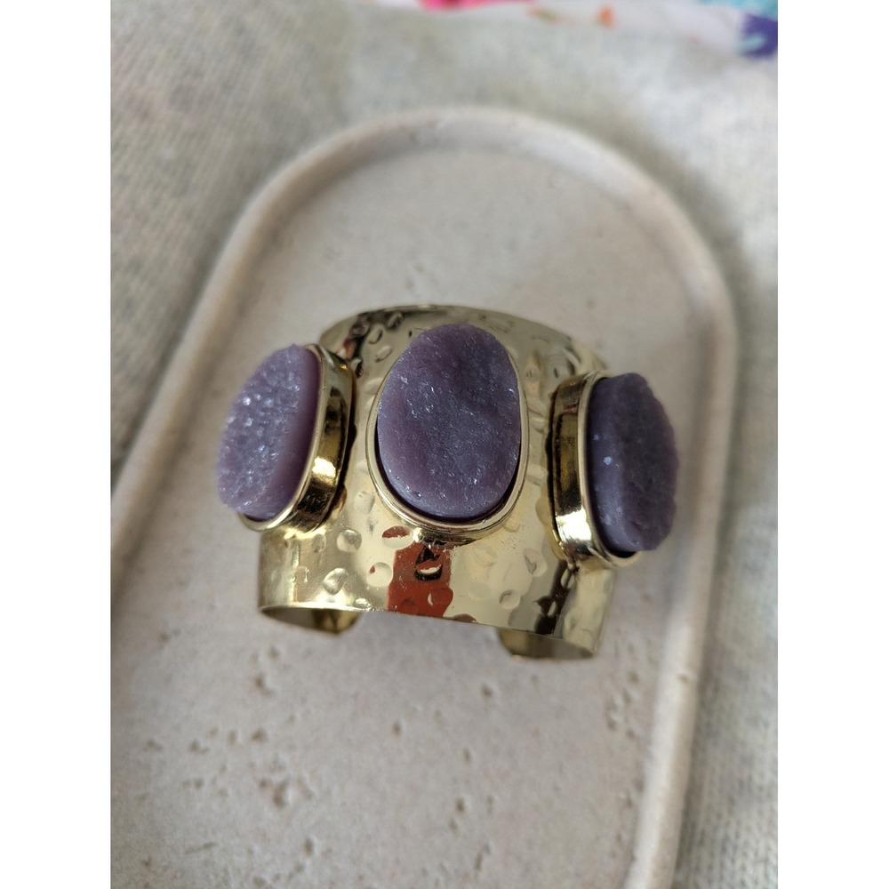 Graziano Wide Cuff Bracelet In Gold Tone Purple Druzy Stone Beads Chunky Whimsy